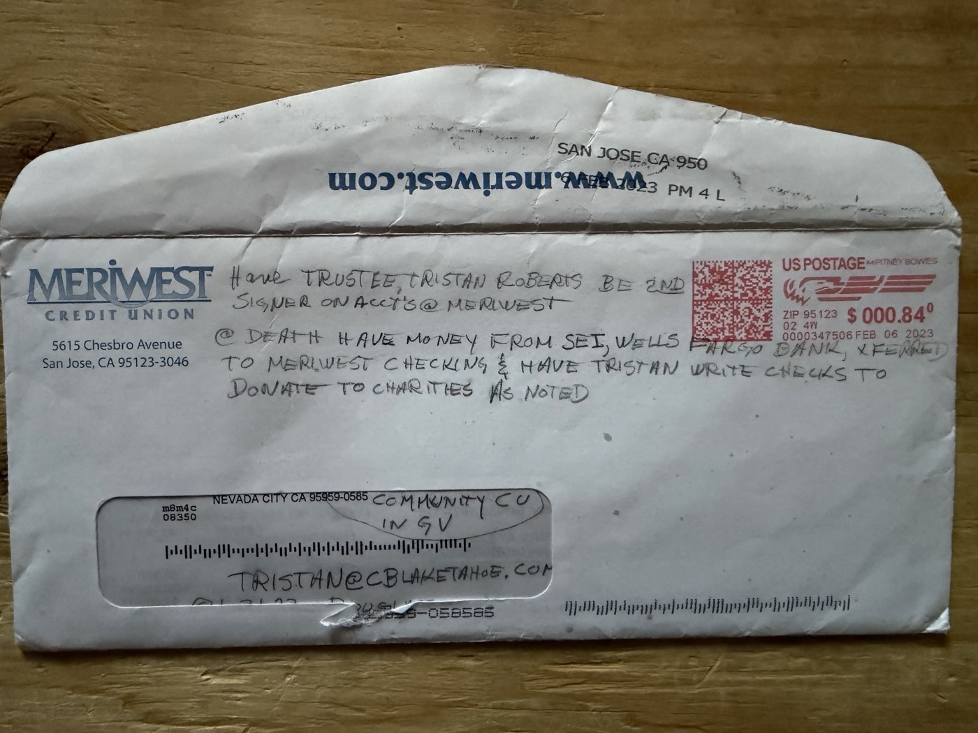 Meriwest envelope with transfer instructions