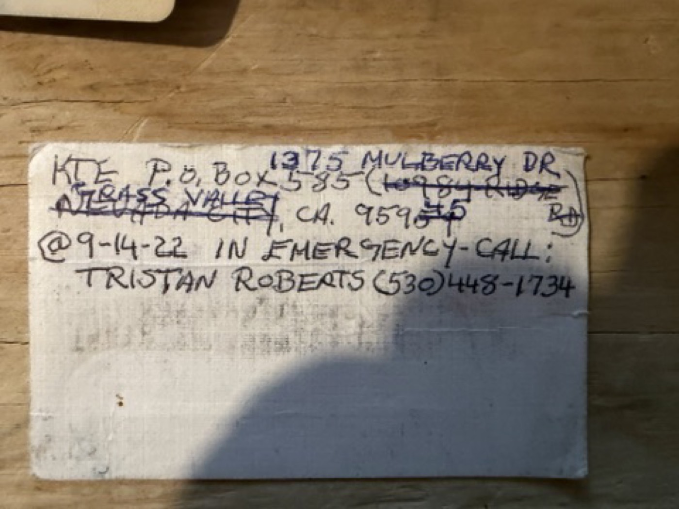 Kent's emergency contact card