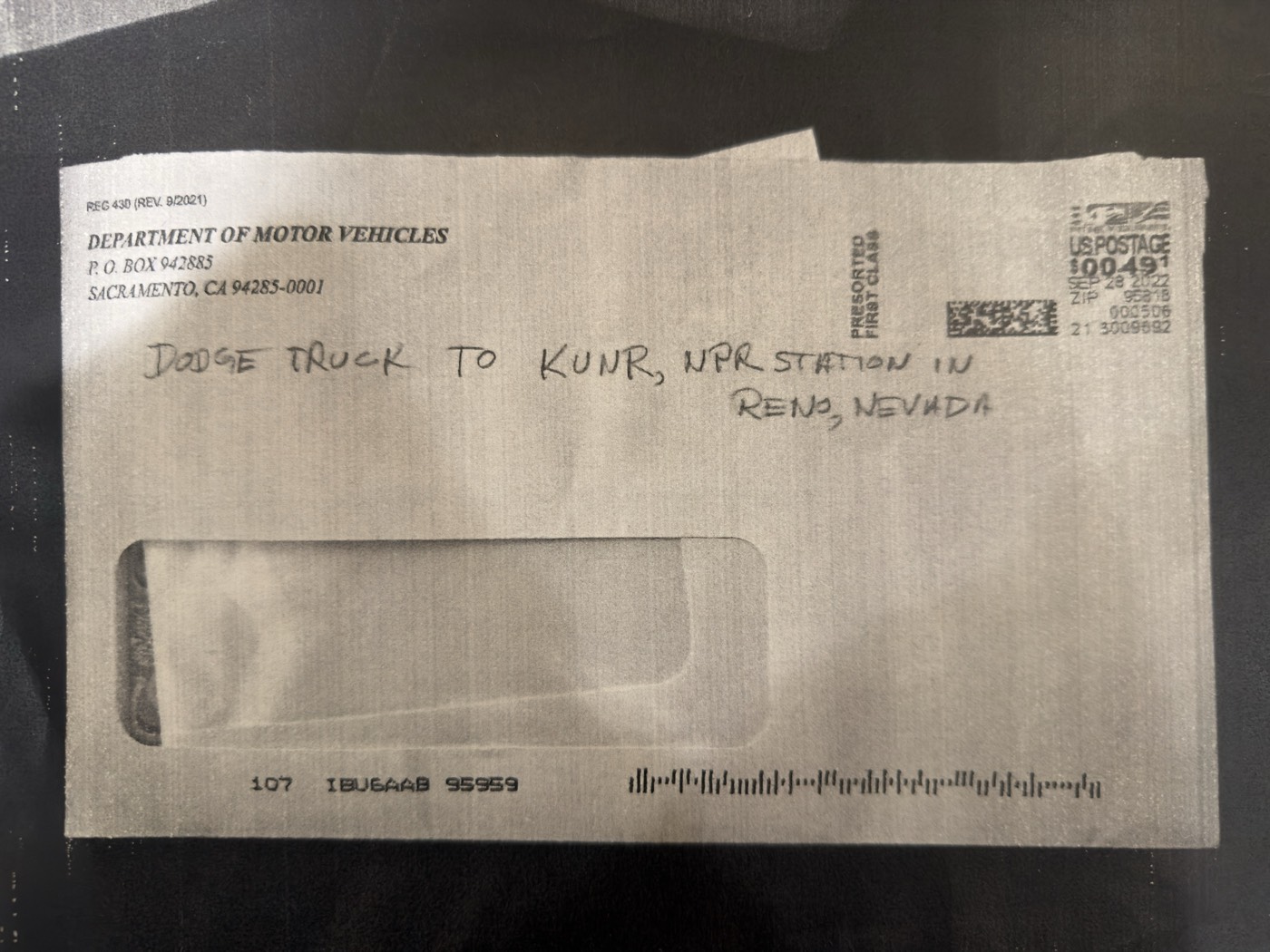 DMV envelope, Dodge Ram to KUNR