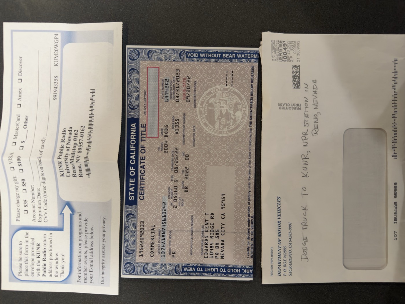 DMV title with KUNR envelope