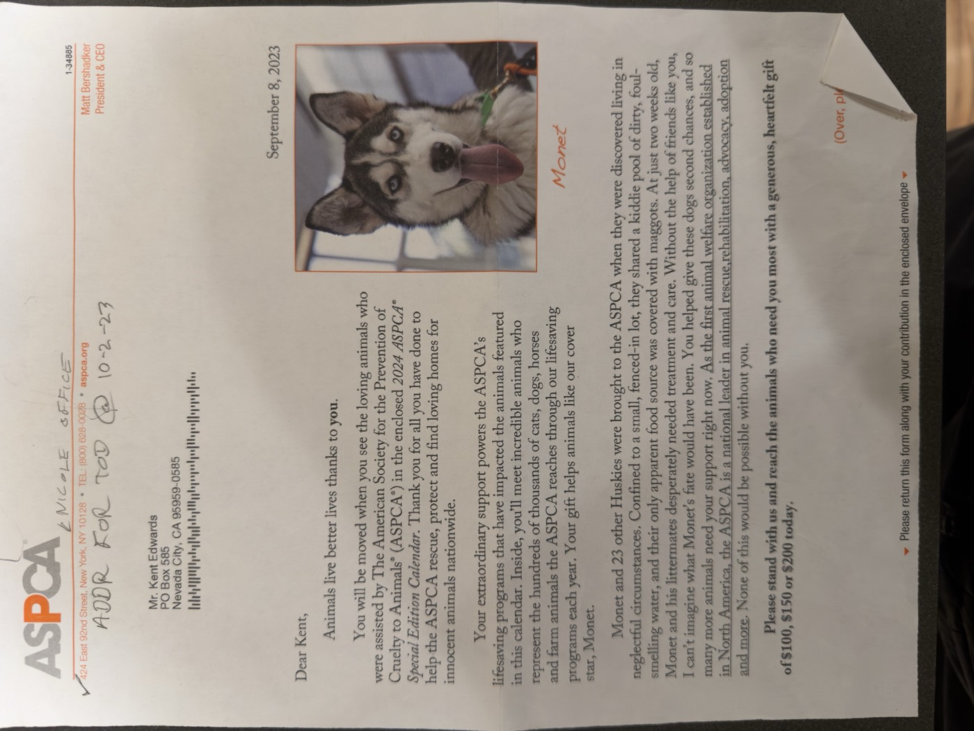 ASPCA appeal letter with Kent's TOD notes
