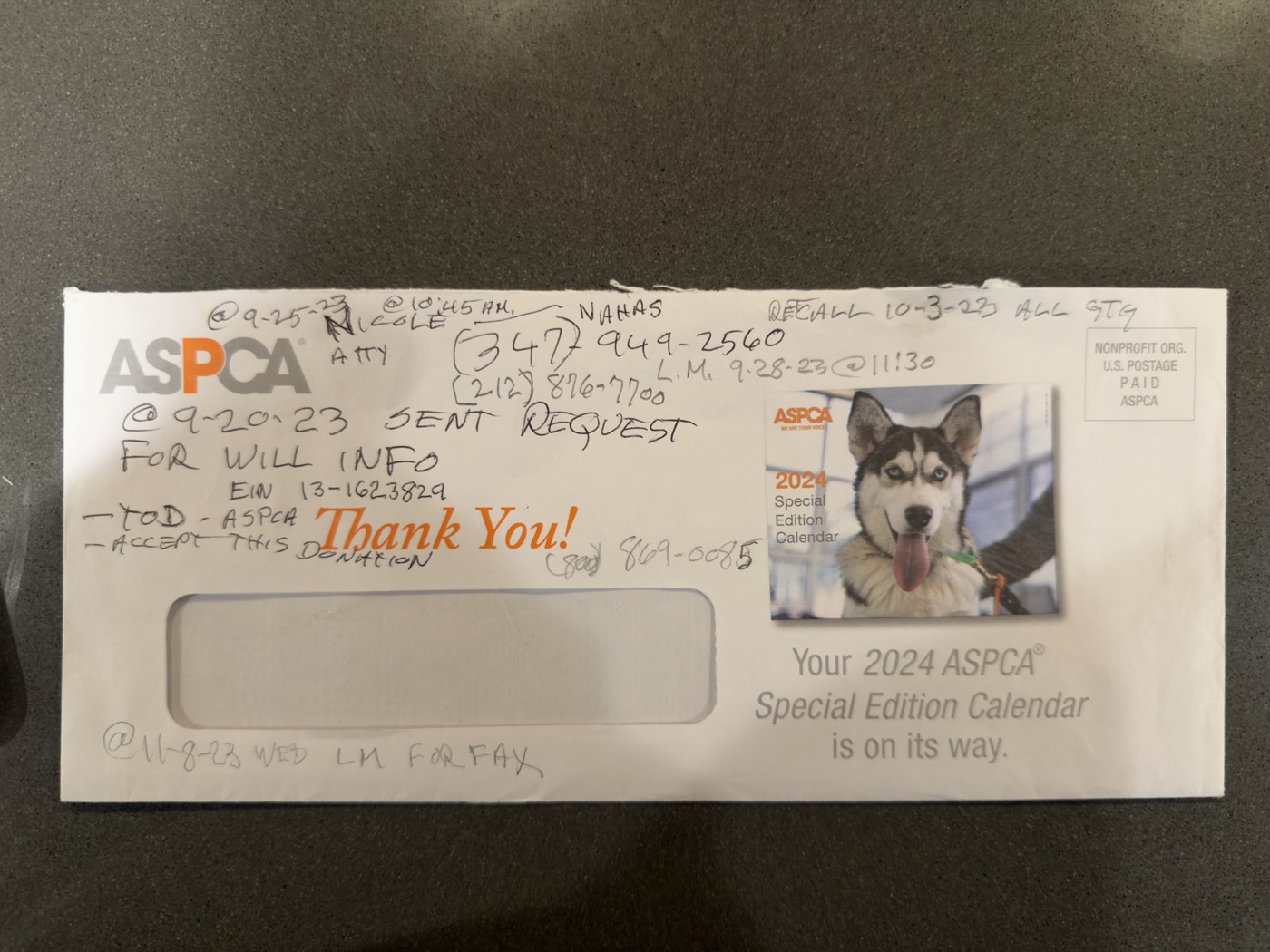 ASPCA envelope with Kent's contact log