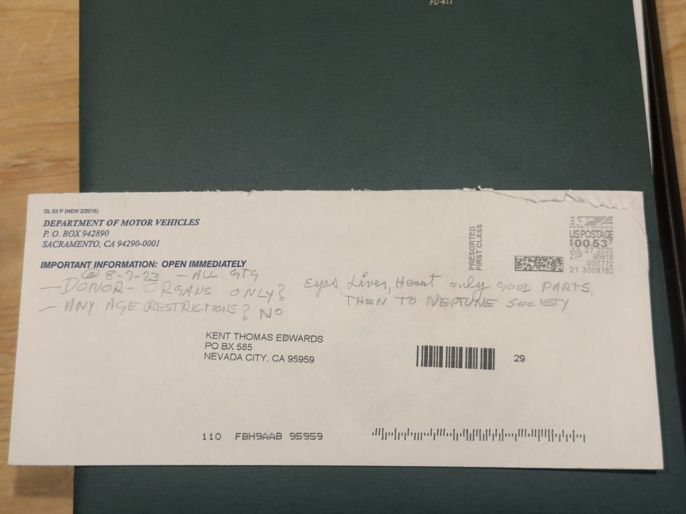 DMV envelope, organ donation / Neptune Society