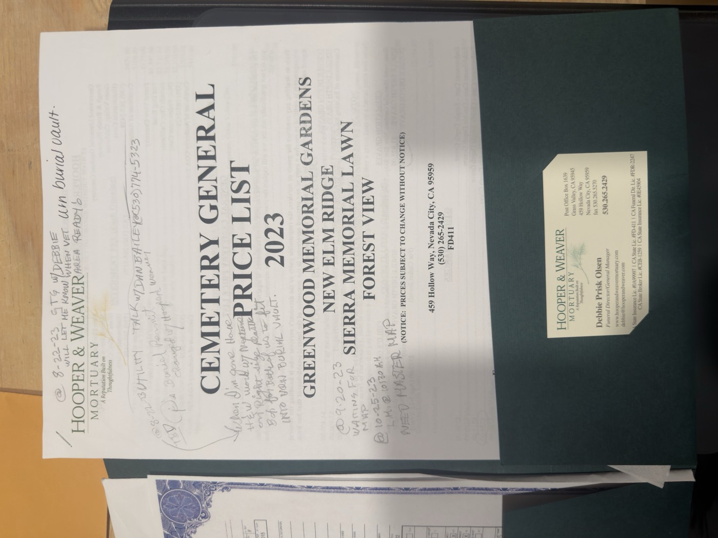 Cemetery price list with Kent's handwritten notes