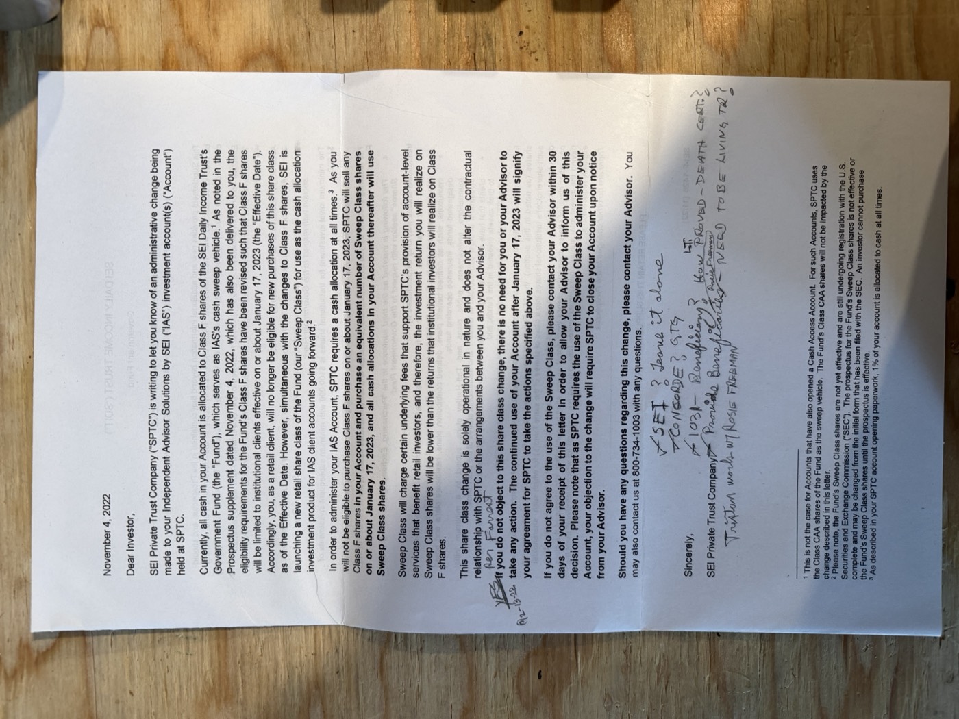 SEI letter with Kent's handwritten note about Tristan and Rosie