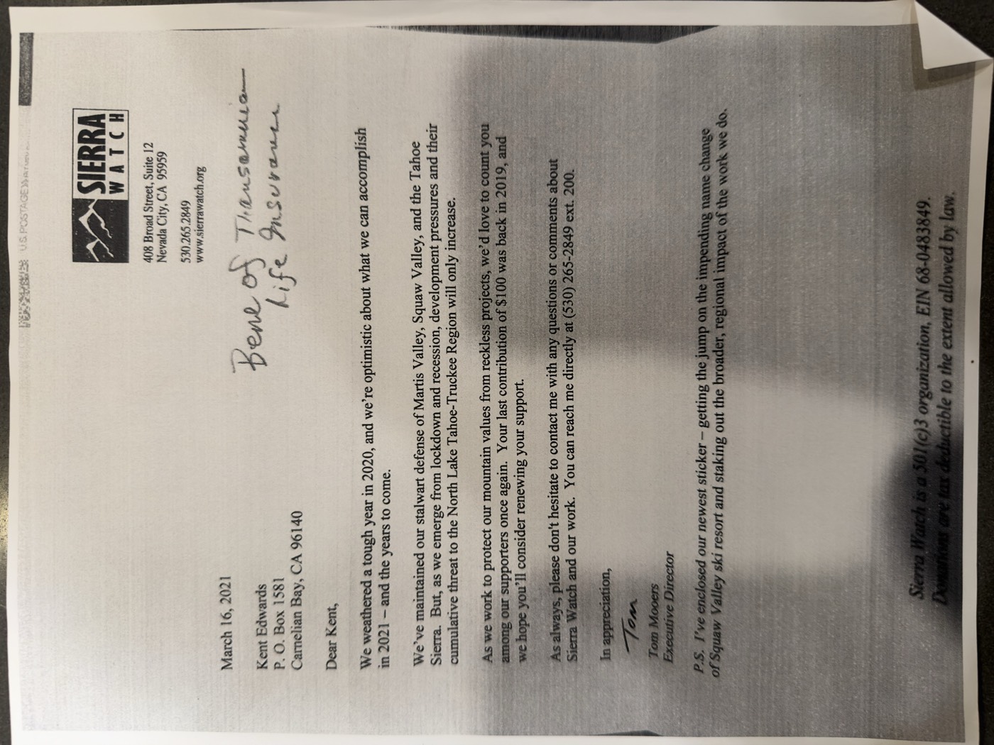 Sierra Watch letter with Kent's note about Bank of the Sierra life insurance